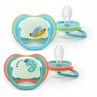 Set 2 suzete, Philips Avent, Colectia Ultra Air, Ortodontice, Fara BPA, Cu orificii mari de aerisire, 6-18 luni, Pentru noapte, Fosforescente, Cu Model, Verde
