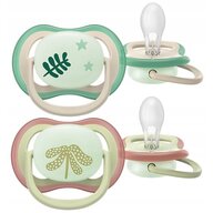Set 2 suzete, Philips Avent, Colectia Ultra Air, Ortodontice, Fara BPA, Cu orificii mari de aerisire, 6-18 luni, Pentru noapte, Fosforescente, Cu Model, Verde/Rosu