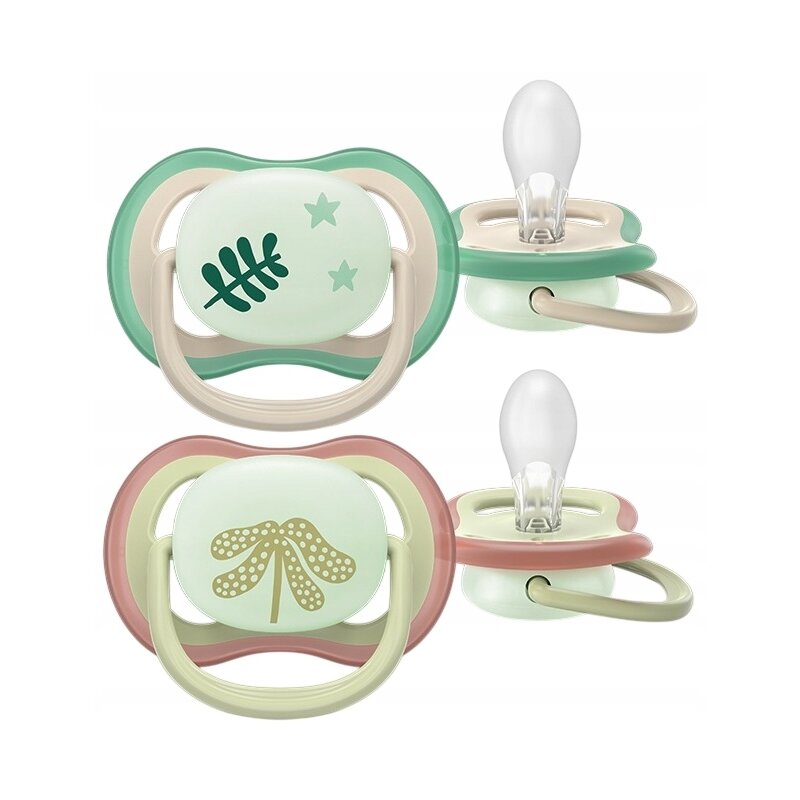 Set 2 suzete, Philips Avent, Colectia Ultra Air, Ortodontice, Fara BPA, Cu orificii mari de aerisire, 6-18 luni, Pentru noapte, Fosforescente, Cu Model, Verde/Rosu