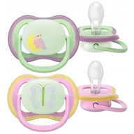 Black Friday - Reduceri Set 2 suzete, Philips Avent, Colectia Ultra Air, Ortodontice, Fara BPA, Cu orificii mari de aerisire, 6-18 luni, Pentru noapte, Fosforescente, Cu Model, Verde/Roz Promotie