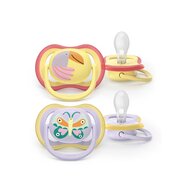 Set 2 suzete, Philips Avent, Colectia Ultra Air, Ortodontice, Fara BPA, Cu orificii mari de aerisire, Scade riscul de malocluzie, 0-6 luni, Cu model, Mov/Galben