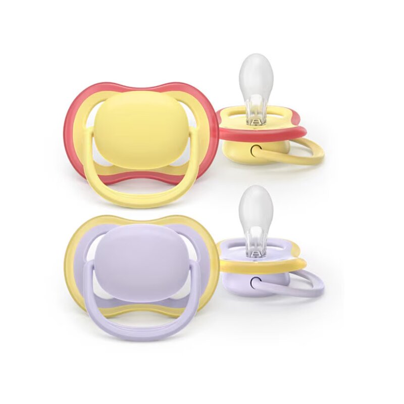 Set 2 suzete, Philips Avent, Colectia Ultra Air, Ortodontice, Fara BPA, Cu orificii mari de aerisire, Scade riscul de malocluzie, 0-6 luni, Mov/Galben