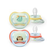 Set 2 suzete, Philips Avent, Colectia Ultra Air, Ortodontice, Fara BPA, Cu orificii mari de aerisire, Scade riscul de malocluzie, 0-6 luni, Pentru noapte, Fosforescente, Fistic/ Multicolor