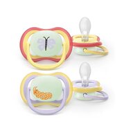 Set 2 suzete, Philips Avent, Colectia Ultra Air, Ortodontice, Fara BPA, Cu orificii mari de aerisire, Scade riscul de malocluzie, 0-6 luni, Pentru noapte, Fosforescente, Verde/Galben