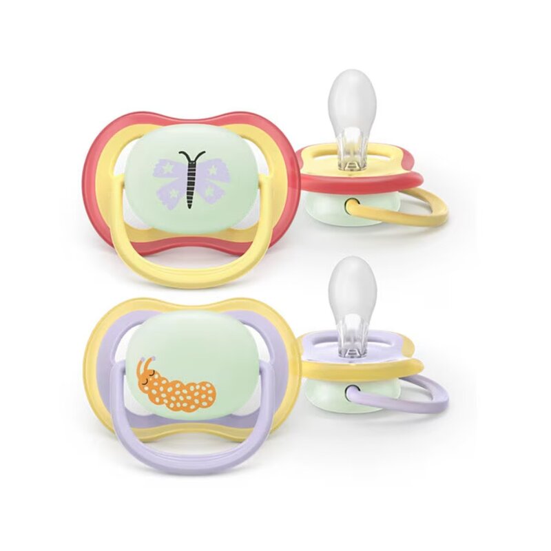 Set 2 suzete, Philips Avent, Colectia Ultra Air, Ortodontice, Fara BPA, Cu orificii mari de aerisire, Scade riscul de malocluzie, 0-6 luni, Pentru noapte, Fosforescente, Verde/Galben