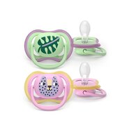 Set 2 suzete, Philips Avent, Colectia Ultra Air, Ortodontice, Fara BPA, Cu orificii mari de aerisire, Scade riscul de malocluzie, 6-18 luni, Cu model, Roz/Verde