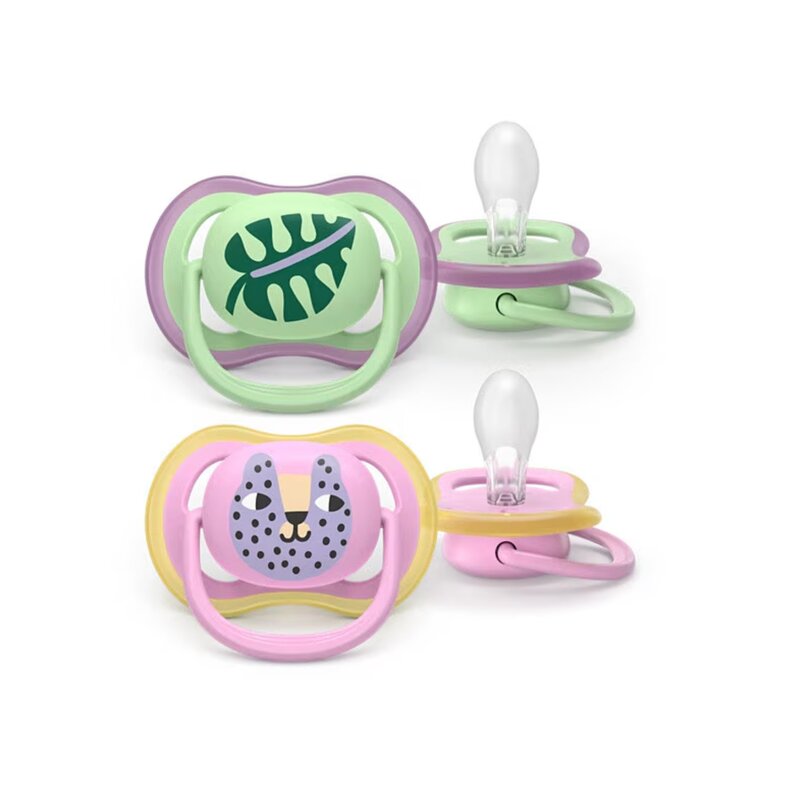 Set 2 suzete, Philips Avent, Colectia Ultra Air, Ortodontice, Fara BPA, Cu orificii mari de aerisire, Scade riscul de malocluzie, 6-18 luni, Cu model, Roz/Verde