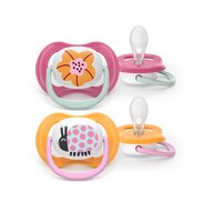 Set 2 suzete, Philips Avent, Colectia Ultra Air, Ortodontice, Fara BPA, Cu orificii mari de aerisire, Scade riscul de malocluzie, 6-18 luni, Roz/Portocaliu