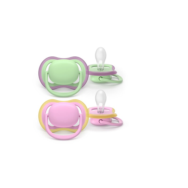 Set 2 suzete, Philips Avent, Colectia Ultra Air, Ortodontice, Fara BPA, Cu orificii mari de aerisire, Scade riscul de malocluzie, 6-18 luni, Roz/Verde