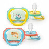 Set 2 suzete, Philips Avent, Colectia Ultra Air, Ortodontice, Fara BPA, Tetina extra-ferma, 18 luni+, Pentru noapte, Fosforescente, Cu Model, Multicolor