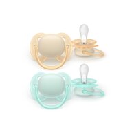 Set 2 suzete, Philips Avent, Colectia Ultra Soft , Ortodontice, Fara BPA, Cu disc flexibil, Pentru pielea sensibila a bebelusului, 0-6 luni, Galben/Turcoaz
