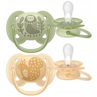 Set 2 suzete, Philips Avent, Colectia Ultra Soft , Ortodontice, Fara BPA, Cu disc flexibil, Pentru pielea sensibila a bebelusului, 6-18 luni, Cu model, Galben/Verde