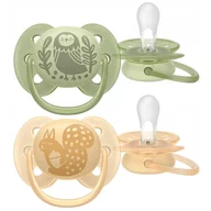 Set 2 suzete, Philips Avent, Colectia Ultra Soft , Ortodontice, Fara BPA, Cu disc flexibil, Pentru pielea sensibila a bebelusului, 6-18 luni, Cu model, Galben/Verde