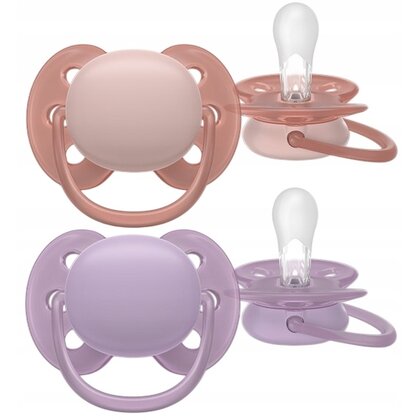 Set 2 suzete, Philips Avent, Colectia Ultra Soft , Ortodontice, Fara BPA, Cu disc flexibil, Pentru pielea sensibila a bebelusului, 6-18 luni, Roz/Mov