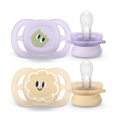 Set 2 suzete, Philips Avent, Colectia Ultra Start, Ortodontice, Fara BPA, Sustenabile, Conceputa pentru gurite micute, 0-2 luni, Cu model, Galben/Mov
