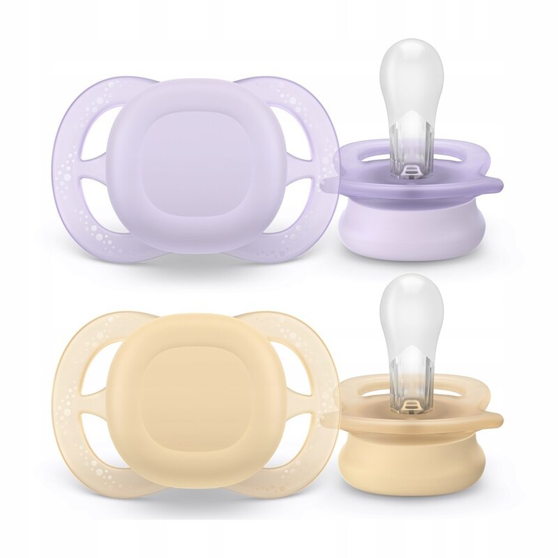 Set 2 suzete, Philips Avent, Colectia Ultra Start, Ortodontice, Fara BPA, Sustenabile, Conceputa pentru gurite micute, 0-2 luni, Galben/Mov