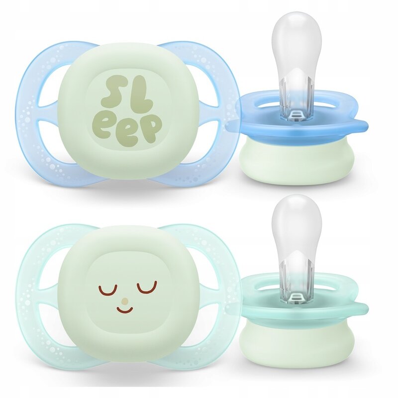 Set 2 suzete, Philips Avent, Colectia Ultra Start, Ortodontice, Fara BPA, Sustenabile, Conceputa pentru gurite micute, Pentru noapte, Fosforescente, 0-2 luni, Cu model, Verde/ Albastru