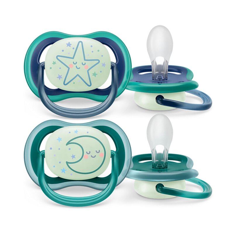 Set 2 suzete, Philips Avent, Ultra air, Ortodontice, Moi si flexibile, Fosforescente, Silicon, Includ carcasa de depozitare, Fara BPA, 6-18 luni, Dark Blue/Dark Green