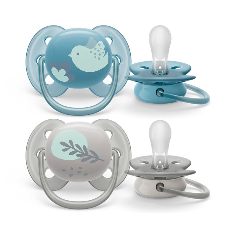 Set 2 suzete, Philips Avent, Ultra soft, Ortodontice, Moi si flexibile, Silicon, Includ carcasa de depozitare, Fara BPA, 6-18 luni, Blue/Grey