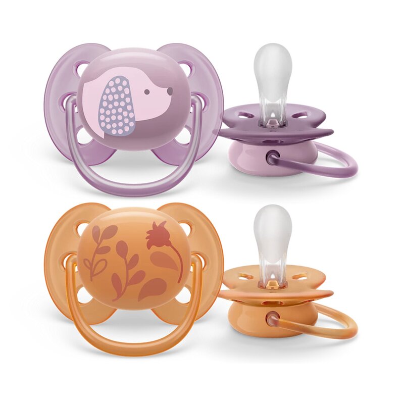 Set 2 suzete, Philips Avent, Ultra soft, Ortodontice, Moi si flexibile, Silicon, Includ carcasa de depozitare, Fara BPA, 6-18 luni, Pink/Orange