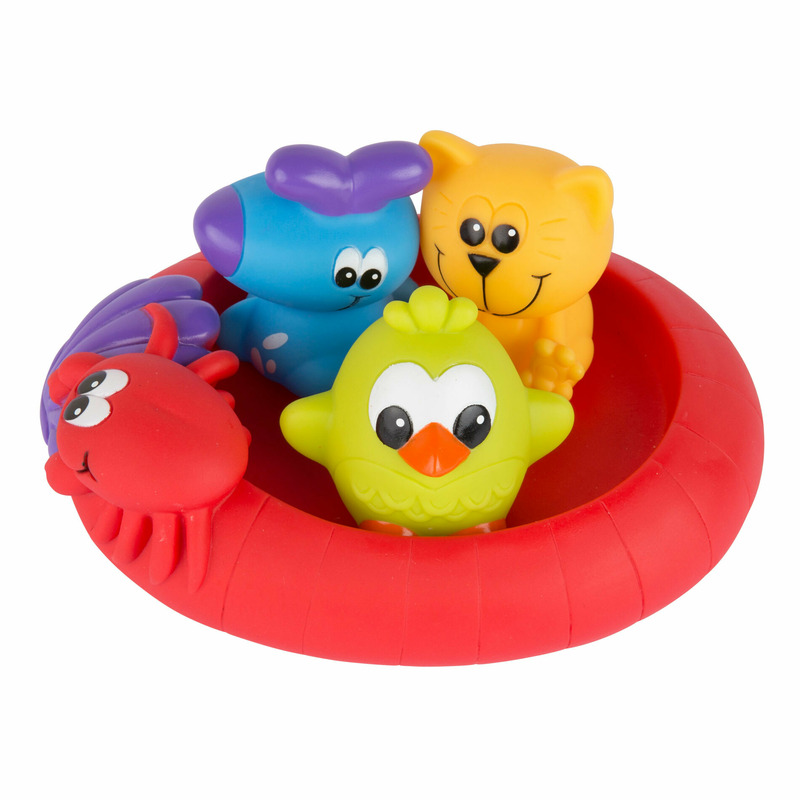 Set 3 animalute de baie si barca plutitoare, Fara gauri, Cu gentuta pentru transport, Fara BPA, Splash and Float Friends, Playgro, Multicolor