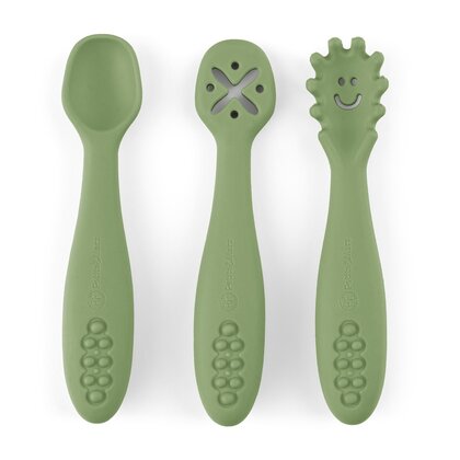 Set 3 lingurite, Petite&Mars, Take&Match, Din silicon, Diverse forme, Pentru supa, paste, alimente usoare, Dezvolta simturile si abilitatile senzoriale, Adecvate pentru masina de spalat vase, Fara BPA, 6 luni+,  Sweet Pea, Verde