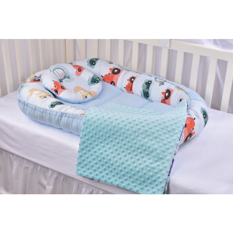 Paturica fermecata - set 3 piese babynest, paturica si pernuta model masinute si bleu