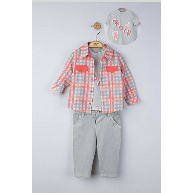 Set 3 piese: blugi, tricou si camasa in carouri pentru bebelusi, Tongs baby (Culoare: Gri, Marime: 9-12 luni)