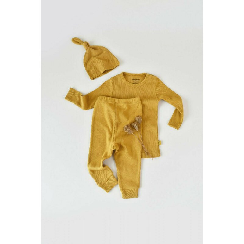 Babycosy - set 3 piese: bluzita cu maneca lunga, panataloni lungi si caciulita din bumbac organic si modal - sofran, baby cosy (marime: 18-24 luni)