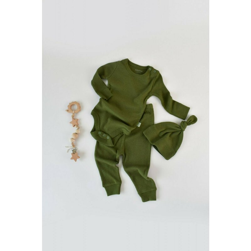 Babycosy - Set 3 piese: body cu maneca lunga, panataloni lungi si caciulita din bumbac organic si modal - Verde, Baby Cosy (Marime: 18-24 Luni)
