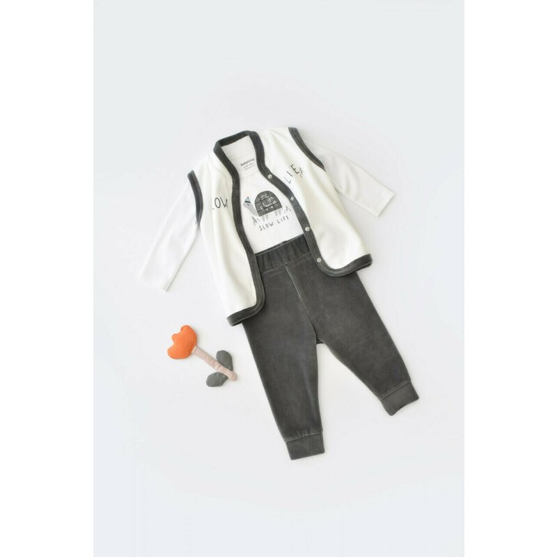 Babycosy - set 3 piese broscuta cu body, pantalonasi si vestuta din 80%bumbac organic si 20% poliester - antracit, baby cosy (marime: 18-24 luni)