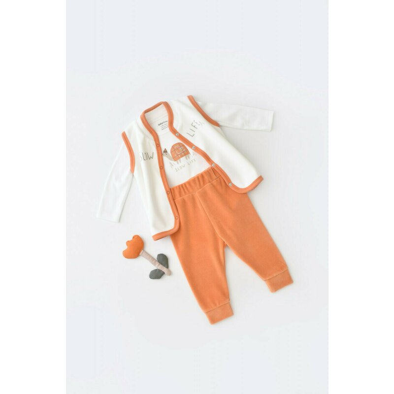 Babycosy - set 3 piese broscuta cu body, pantalonasi si vestuta din 80%bumbac organic si 20% poliester - portocaliu, baby cosy (marime: 6-9 luni)