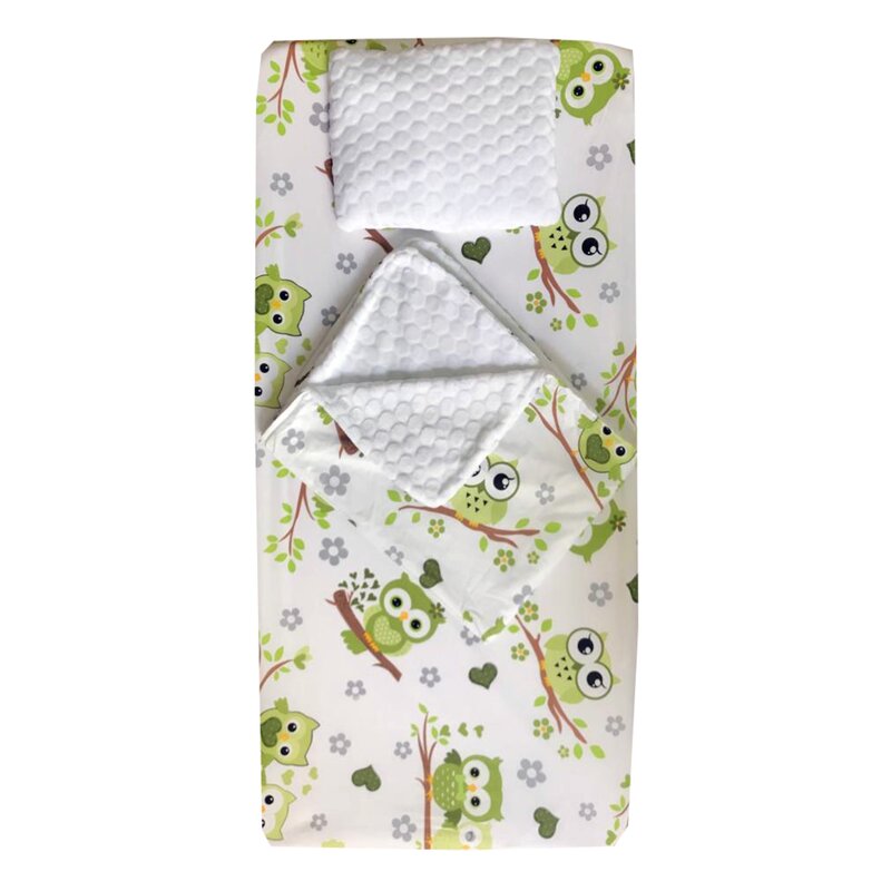 Deseda - set 3 piese de iarna paturica cu cearsaf si pernuta pentru pat 160x80 cm bufnite verzi
