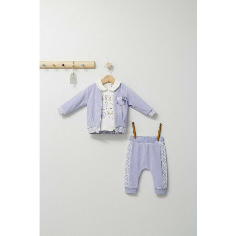Tongs baby - Set 3 piese: pantaloni, bluzita si hainuta pentru bebelusi Gazelle, (Culoare: Mov, Marime: 24-36 luni)