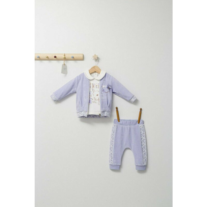 Tongs baby - Set 3 piese: pantaloni, bluzita si hainuta pentru bebelusi Gazelle, (Culoare: Mov, Marime: 6-9 luni)