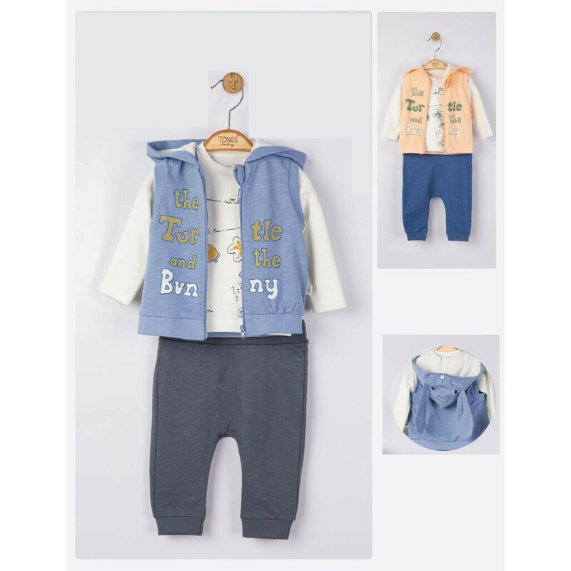 Tongs baby - Set 3 piese: pantaloni, bluzita si vestuta pentru bebelusi, (Culoare: Albastru, Marime: 12-18 Luni)