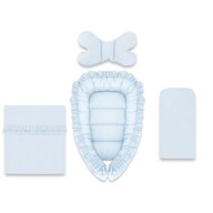 Set 4 in 1 Cosulet bebelus, MimiNu, Baby Cocoon 75x55 cm, Cu volanase, Husa bumbac, Din bumbac certificat Oeko Tex Standard 100, Cu paturica cu volanase 50x70 cm, Cu salteluta, Cu perna fluture, Colectia Royal, Blue