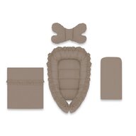 Set 4 in 1 Cosulet bebelus, MimiNu, Baby Cocoon 75x55 cm, Cu volanase, Husa bumbac, Din bumbac certificat Oeko Tex Standard 100, Cu paturica cu volanase 50x70 cm, Cu salteluta, Cu perna fluture, Colectia Royal, Mocha