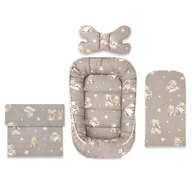 Set 4 in 1 Cosulet bebelus, MimiNu, Baby Cocoon 75x55 cm, Husa bumbac, Din bumbac certificat Oeko Tex Standard 100, Cu paturica 50x70 cm, Cu salteluta, Cu perna fluture, Bedtime story beige