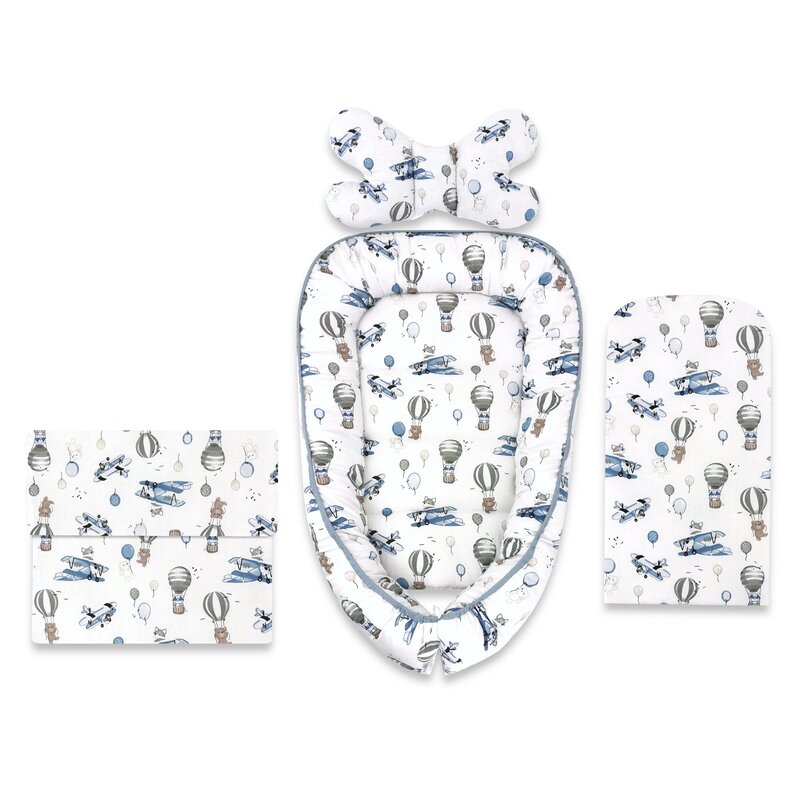 Set 4 in 1 Cosulet bebelus, MimiNu, Baby Cocoon 75x55 cm, Husa bumbac, Din bumbac certificat Oeko Tex Standard 100, Cu paturica 50x70 cm, Cu salteluta, Cu perna fluture, Blue Plane