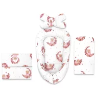 Set 4 in 1 Cosulet bebelus, MimiNu, Baby Cocoon 75x55 cm, Husa bumbac, Din bumbac certificat Oeko Tex Standard 100, Cu paturica 50x70 cm, Cu salteluta, Cu perna fluture, Design, Betty