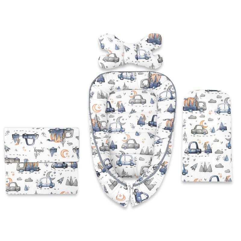 Set 4 in 1 Cosulet bebelus, MimiNu, Baby Cocoon 75x55 cm, Husa bumbac, Din bumbac certificat Oeko Tex Standard 100, Cu paturica 50x70 cm, Cu salteluta, Cu perna fluture, Design, Cars Grey