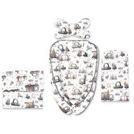 Set 4 in 1 Cosulet bebelus, MimiNu, Baby Cocoon 75x55 cm, Husa bumbac, Din bumbac certificat Oeko Tex Standard 100, Cu paturica 50x70 cm, Cu salteluta, Cu perna fluture, Design, Cars Grey