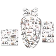Set 4 in 1 Cosulet bebelus, MimiNu, Baby Cocoon 75x55 cm, Husa bumbac, Din bumbac certificat Oeko Tex Standard 100, Cu paturica 50x70 cm, Cu salteluta, Cu perna fluture, Design, Cars Grey