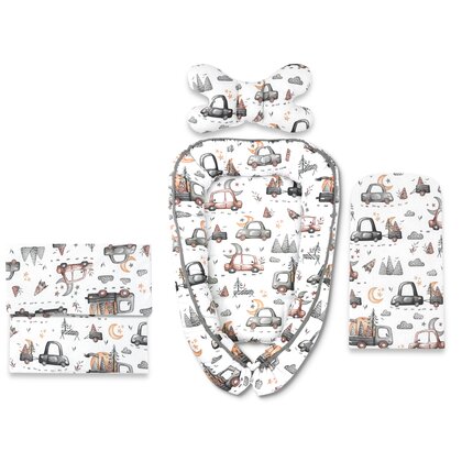 Set 4 in 1 Cosulet bebelus, MimiNu, Baby Cocoon 75x55 cm, Husa bumbac, Din bumbac certificat Oeko Tex Standard 100, Cu paturica 50x70 cm, Cu salteluta, Cu perna fluture, Design, Cars Grey