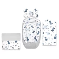 Set 4 in 1 Cosulet bebelus, MimiNu, Baby Cocoon 75x55 cm, Husa bumbac, Din bumbac certificat Oeko Tex Standard 100, Cu paturica 50x70 cm, Cu salteluta, Cu perna fluture, Dino Granat