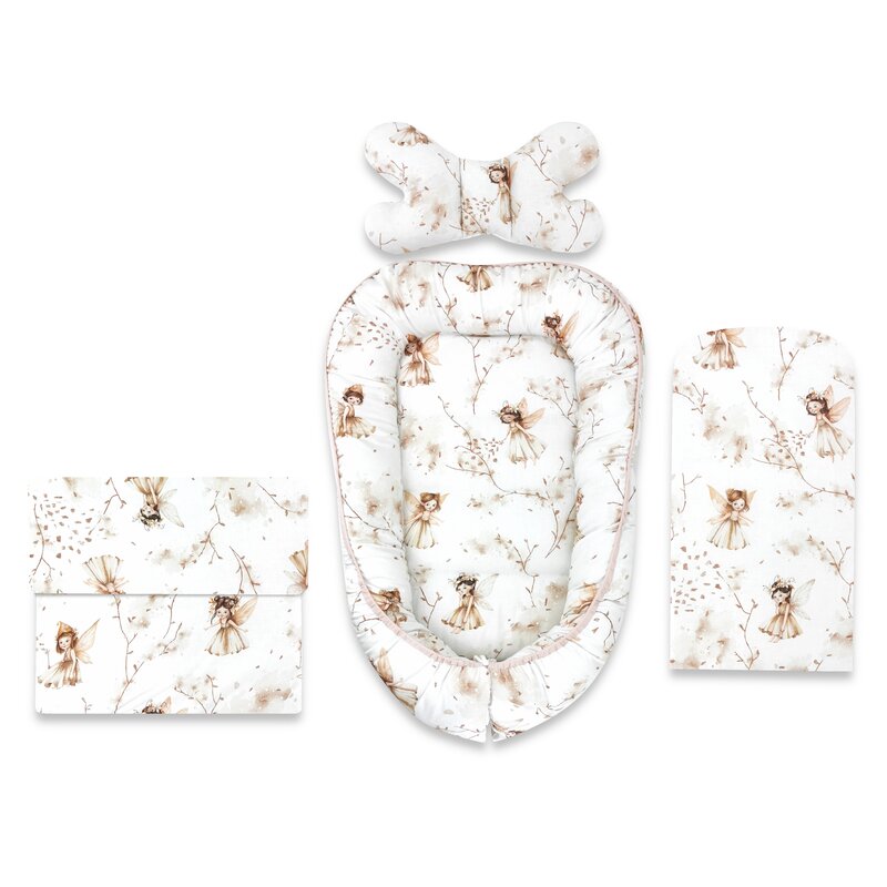 Set 4 in 1 Cosulet bebelus, MimiNu, Baby Cocoon 75x55 cm, Husa bumbac, Din bumbac certificat Oeko Tex Standard 100, Cu paturica 50x70 cm, Cu salteluta, Cu perna fluture, Fairy