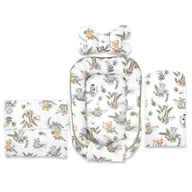 Set 4 in 1 Cosulet bebelus, Qmini, Baby Cocoon 75x55 cm, Din bumbac certificat Oeko Tex Standard 100, Cu paturica, Cu salteluta, Cu perna fluture, Safari