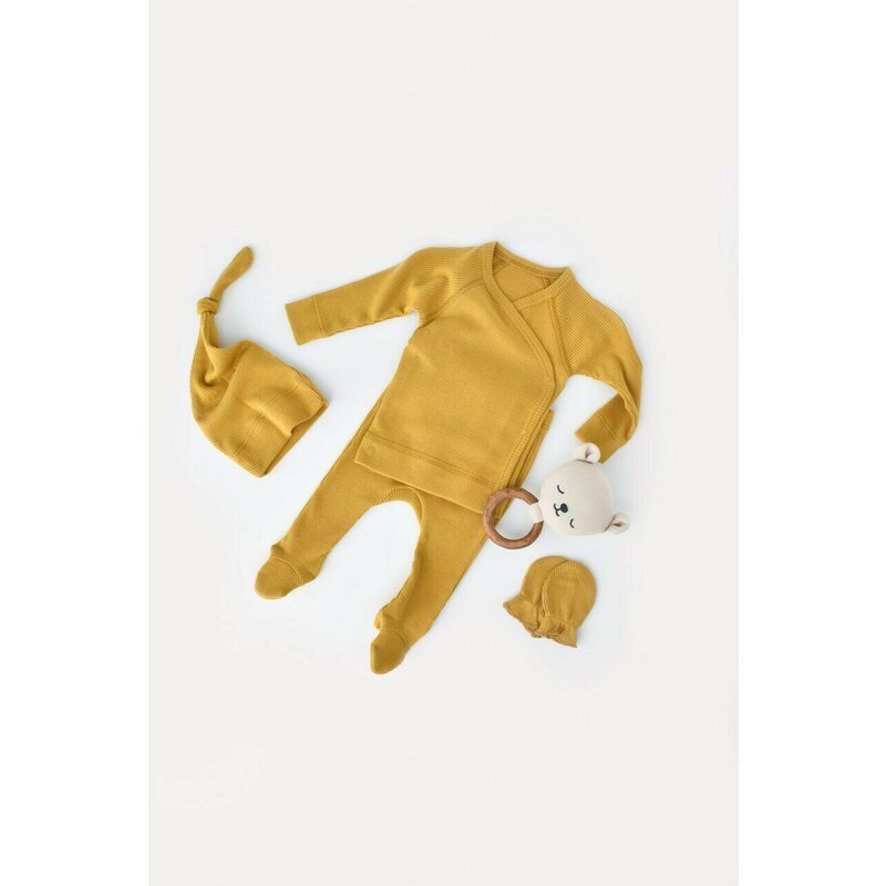 Babycosy - set 4 piese: bluza, pantaloni, caciulita si manusi din bumbac organic si modal - mustar, baby cosy (marime: 0-3 luni)