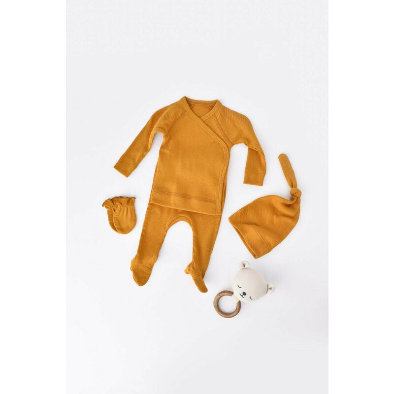 Babycosy - set 4 piese: bluza, pantaloni, caciulita si manusi din bumbac organic si modal - sofran, baby cosy (marime: 3-6 luni)